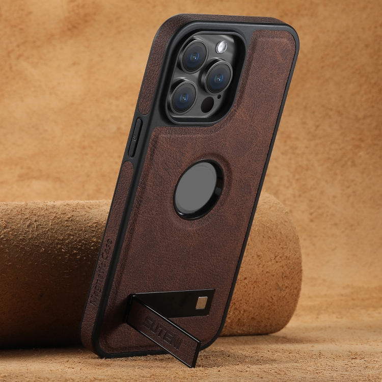 For iPhone 14 Suteni G2 Magsafe Litchi Texture Leather Back Phone Case with Holder(Brown) - 1