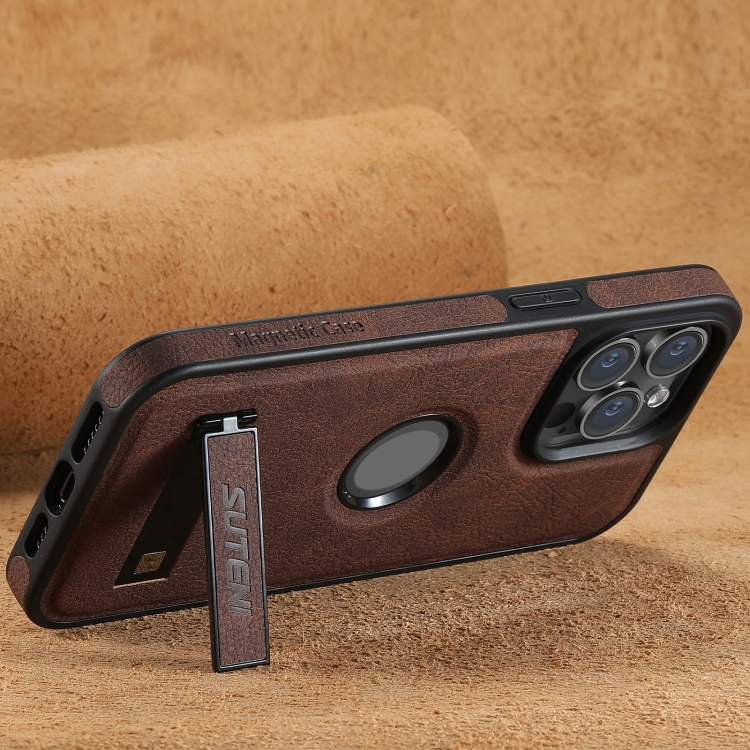 For iPhone 14 Suteni G2 Magsafe Litchi Texture Leather Back Phone Case with Holder(Brown) - 2
