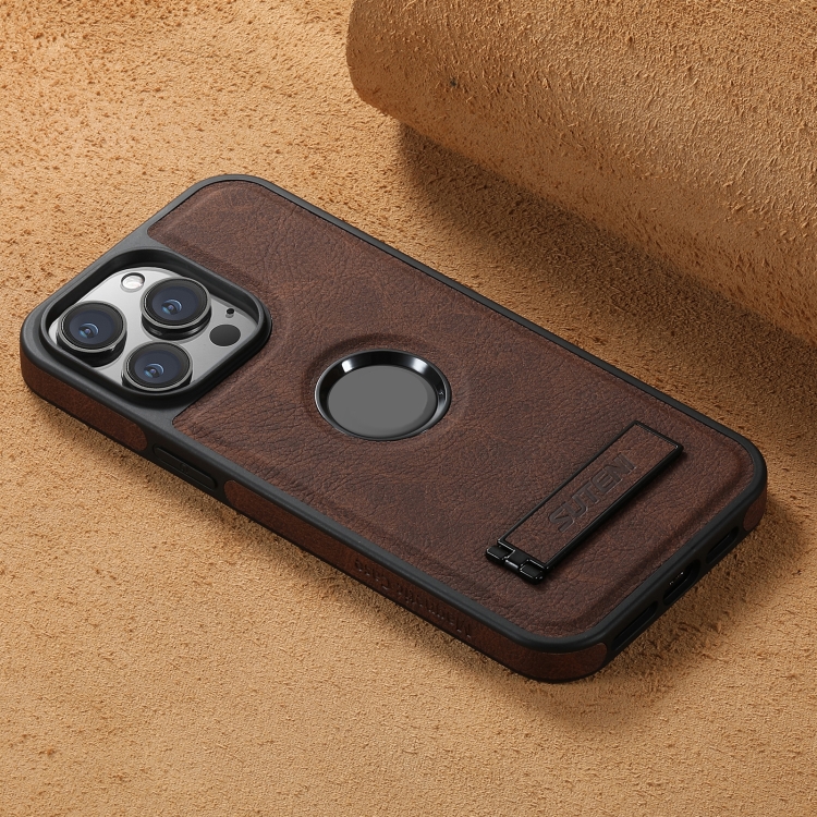 For iPhone 14 Suteni G2 Magsafe Litchi Texture Leather Back Phone Case with Holder(Brown) - 3