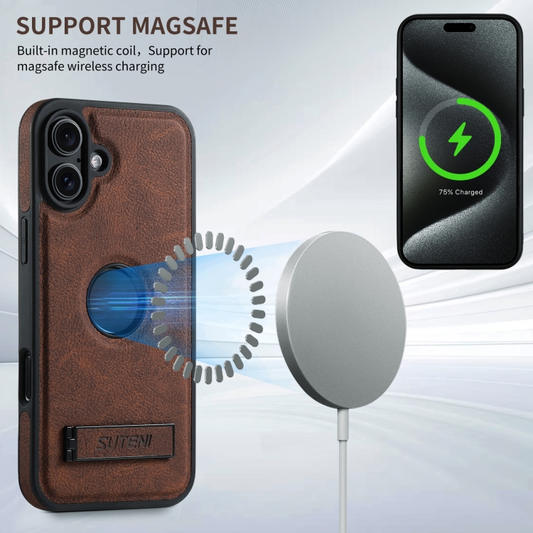 For iPhone 16 Suteni G2 Magsafe Litchi Texture Leather Back Phone Case with Holder(Brown) For iPhone 16 Suteni G2 Magsafe Litchi Texture Leather Back Phone Case with Holder(Brown)