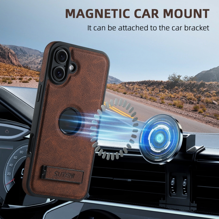 For iPhone 16 Suteni G2 Magsafe Litchi Texture Leather Back Phone Case with Holder(Brown) For iPhone 16 Suteni G2 Magsafe Litchi Texture Leather Back Phone Case with Holder(Brown)