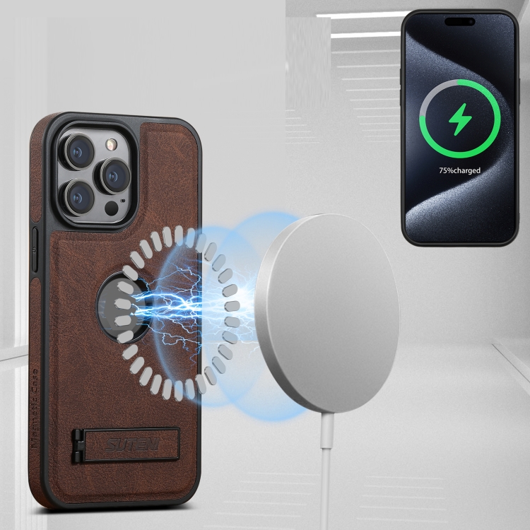 For iPhone 16 Pro Suteni G2 Magsafe Litchi Texture Leather Back Phone Case with Holder(Brown) For iPhone 16 Pro Suteni G2 Magsafe Litchi Texture Leather Back Phone Case with Holder(Brown)