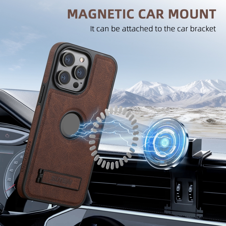 For iPhone 16 Pro Suteni G2 Magsafe Litchi Texture Leather Back Phone Case with Holder(Brown) For iPhone 16 Pro Suteni G2 Magsafe Litchi Texture Leather Back Phone Case with Holder(Brown)