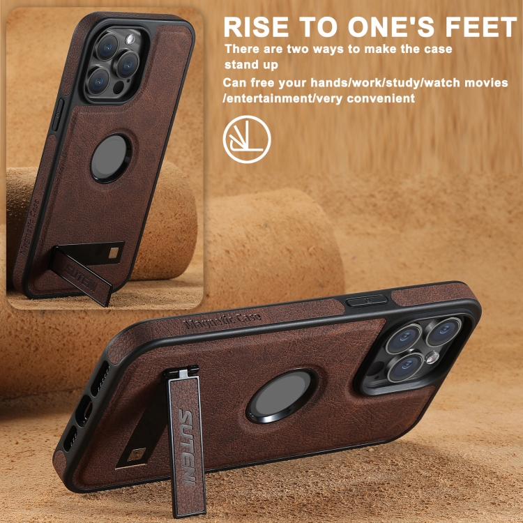 For iPhone 16 Pro Suteni G2 Magsafe Litchi Texture Leather Back Phone Case with Holder(Brown) For iPhone 16 Pro Suteni G2 Magsafe Litchi Texture Leather Back Phone Case with Holder(Brown)