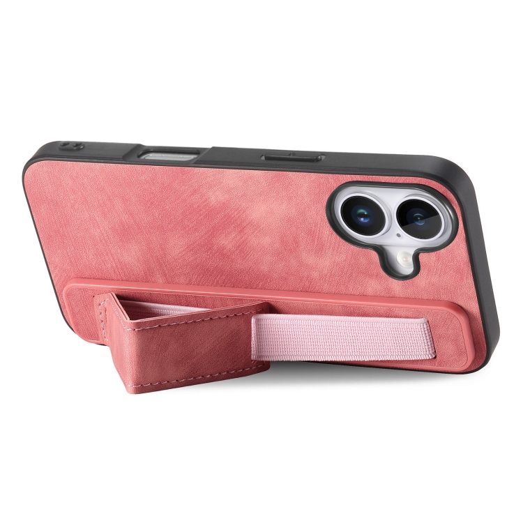 For iPhone 16 Retro Wristband Holder Leather Back Phone Case(Pink) For iPhone 16 Retro Wristband Holder Leather Back Phone Case(Pink)