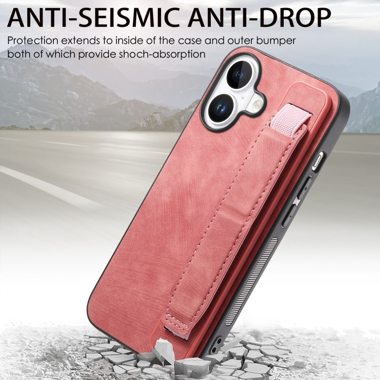 For iPhone 16 Retro Wristband Holder Leather Back Phone Case(Pink) For iPhone 16 Retro Wristband Holder Leather Back Phone Case(Pink)