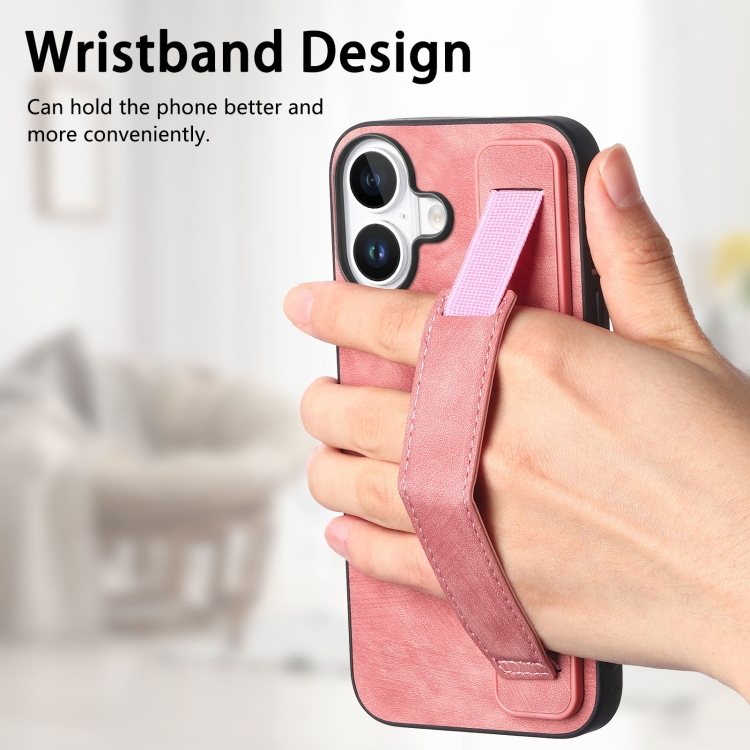 For iPhone 16 Retro Wristband Holder Leather Back Phone Case(Pink) For iPhone 16 Retro Wristband Holder Leather Back Phone Case(Pink)