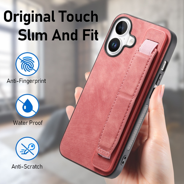 For iPhone 16 Retro Wristband Holder Leather Back Phone Case(Pink) For iPhone 16 Retro Wristband Holder Leather Back Phone Case(Pink)