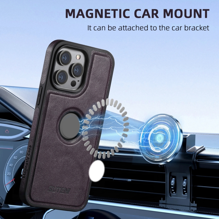 For iPhone 16 Pro Suteni M1 Oil Wax MagSafe Detachable Horizontal Card Bag Phone Case(Purple)
