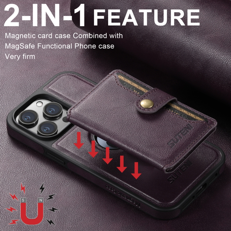 For iPhone 16 Pro Suteni M1 Oil Wax MagSafe Detachable Horizontal Card Bag Phone Case(Purple)