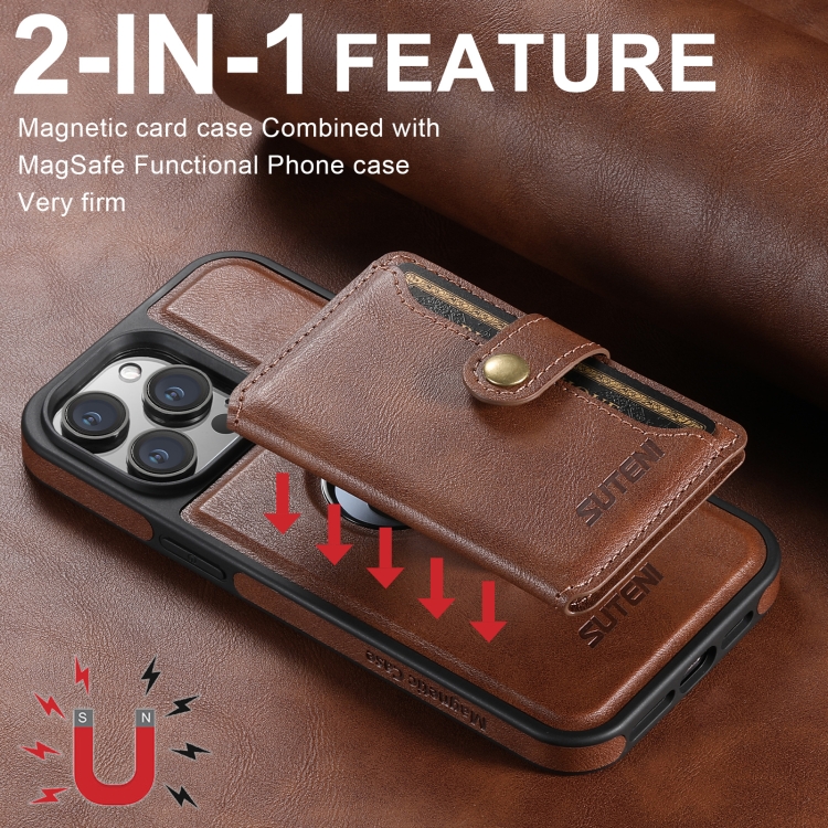 For iPhone 16 Plus Suteni M1 Oil Wax MagSafe Detachable Horizontal Card Bag Phone Case(Brown) For iPhone 16 Plus Suteni M1 Oil Wax MagSafe Detachable Horizontal Card Bag Phone Case(Brown)