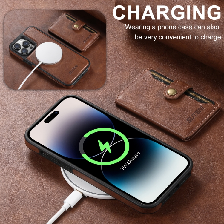 For iPhone 16 Plus Suteni M1 Oil Wax MagSafe Detachable Horizontal Card Bag Phone Case(Brown) For iPhone 16 Plus Suteni M1 Oil Wax MagSafe Detachable Horizontal Card Bag Phone Case(Brown)