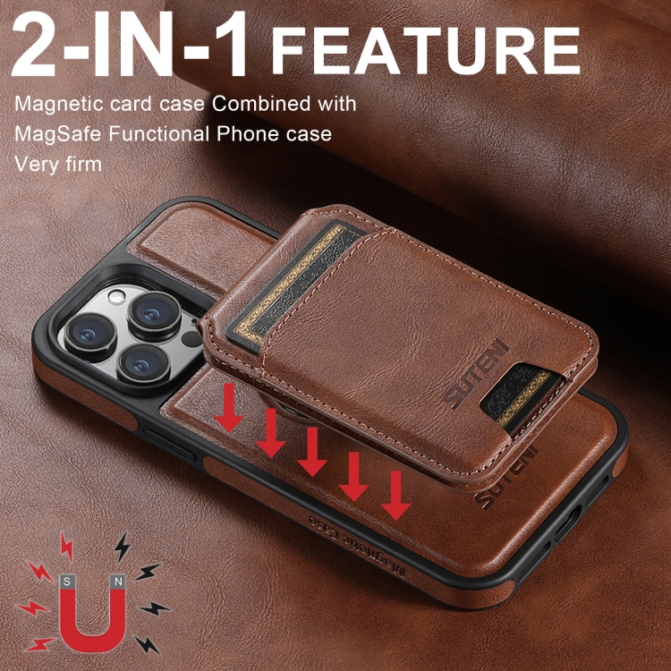 For iPhone 16 Suteni M2 Oil Wax MagSafe Horizontal Card Bag Phone Case(Brown) For iPhone 16 Suteni M2 Oil Wax MagSafe Horizontal Card Bag Phone Case(Brown)