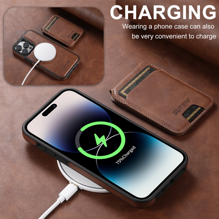 For iPhone 16 Suteni M2 Oil Wax MagSafe Horizontal Card Bag Phone Case(Brown) For iPhone 16 Suteni M2 Oil Wax MagSafe Horizontal Card Bag Phone Case(Brown)