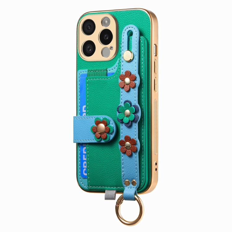 For iPhone 11 Pro Stereoscopic Flowers Wristband Card Bag Phone Case(Green) For iPhone 11 Pro Stereoscopic Flowers Wristband Card Bag Phone Case(Green)