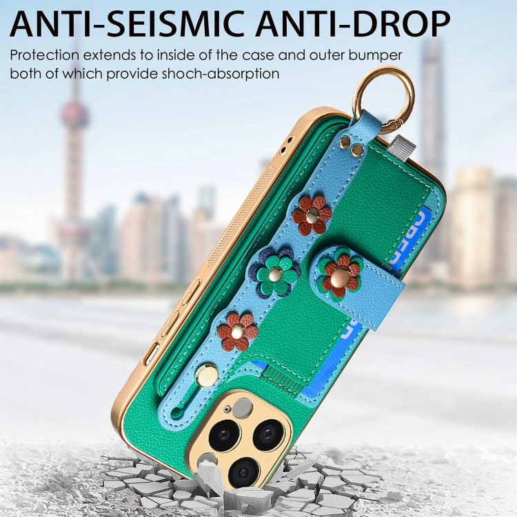 For iPhone 11 Pro Stereoscopic Flowers Wristband Card Bag Phone Case(Green) For iPhone 11 Pro Stereoscopic Flowers Wristband Card Bag Phone Case(Green)