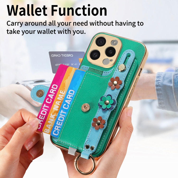 For iPhone 11 Pro Stereoscopic Flowers Wristband Card Bag Phone Case(Green) For iPhone 11 Pro Stereoscopic Flowers Wristband Card Bag Phone Case(Green)