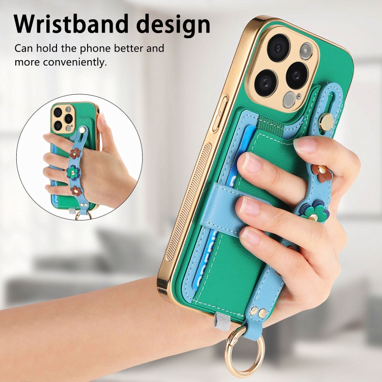 For iPhone 11 Pro Stereoscopic Flowers Wristband Card Bag Phone Case(Green) For iPhone 11 Pro Stereoscopic Flowers Wristband Card Bag Phone Case(Green)