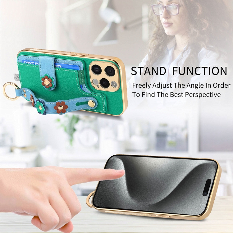 For iPhone 11 Pro Stereoscopic Flowers Wristband Card Bag Phone Case(Green) For iPhone 11 Pro Stereoscopic Flowers Wristband Card Bag Phone Case(Green)