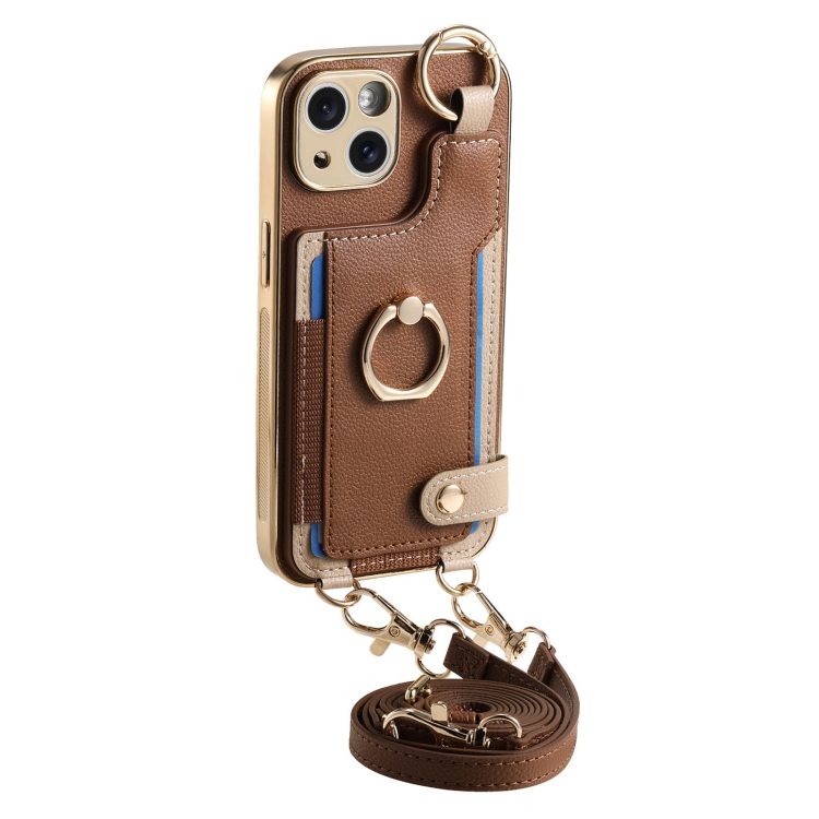 For iPhone 15 Pro Fashion Ring Card Bag Phone Case with Hang Loop(Brown) For iPhone 15 Pro Fashion Ring Card Bag Phone Case with Hang Loop(Brown)