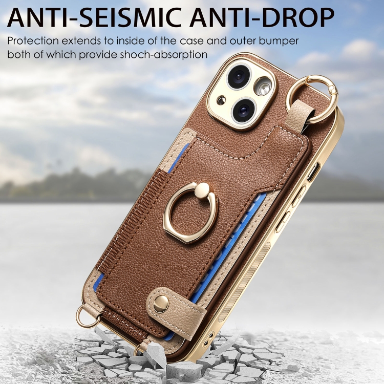 For iPhone 15 Pro Fashion Ring Card Bag Phone Case with Hang Loop(Brown) For iPhone 15 Pro Fashion Ring Card Bag Phone Case with Hang Loop(Brown)
