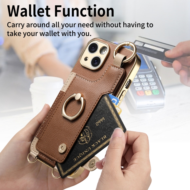 For iPhone 15 Pro Fashion Ring Card Bag Phone Case with Hang Loop(Brown) For iPhone 15 Pro Fashion Ring Card Bag Phone Case with Hang Loop(Brown)