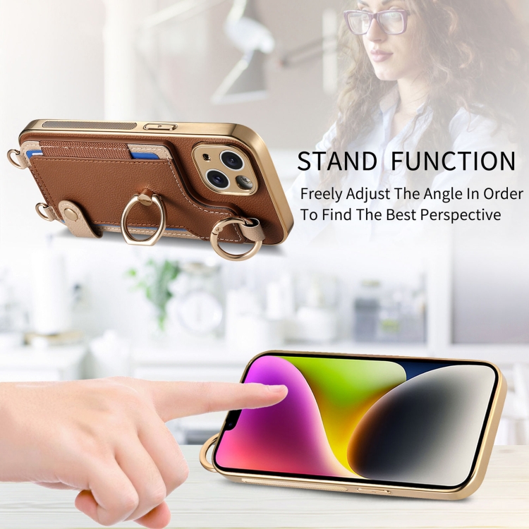 For iPhone 15 Pro Fashion Ring Card Bag Phone Case with Hang Loop(Brown) For iPhone 15 Pro Fashion Ring Card Bag Phone Case with Hang Loop(Brown)