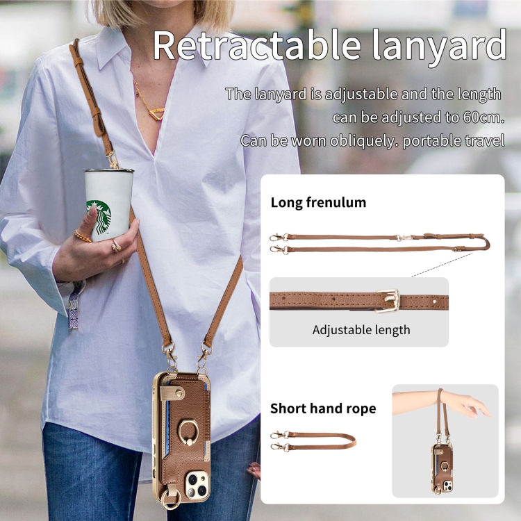 For iPhone 15 Pro Fashion Ring Card Bag Phone Case with Hang Loop(Brown) For iPhone 15 Pro Fashion Ring Card Bag Phone Case with Hang Loop(Brown)