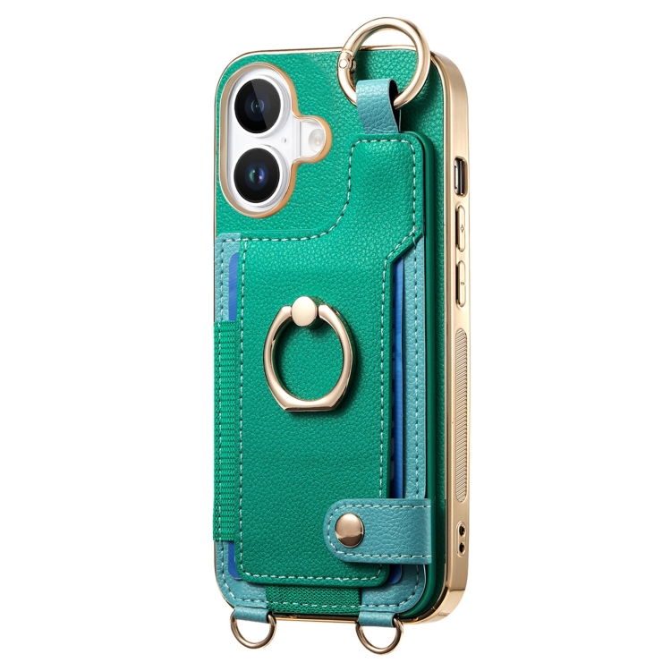 For iPhone 16 Plus Fashion Ring Card Bag Phone Case with Hang Loop(Green) For iPhone 16 Plus Fashion Ring Card Bag Phone Case with Hang Loop(Green)