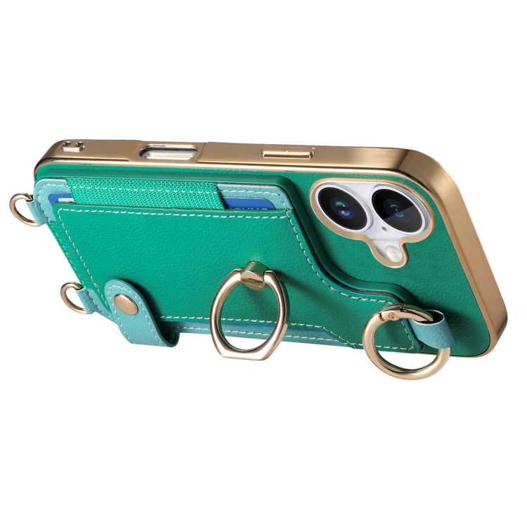 For iPhone 16 Plus Fashion Ring Card Bag Phone Case with Hang Loop(Green) For iPhone 16 Plus Fashion Ring Card Bag Phone Case with Hang Loop(Green)