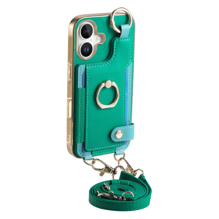 For iPhone 16 Plus Fashion Ring Card Bag Phone Case with Hang Loop(Green) For iPhone 16 Plus Fashion Ring Card Bag Phone Case with Hang Loop(Green)