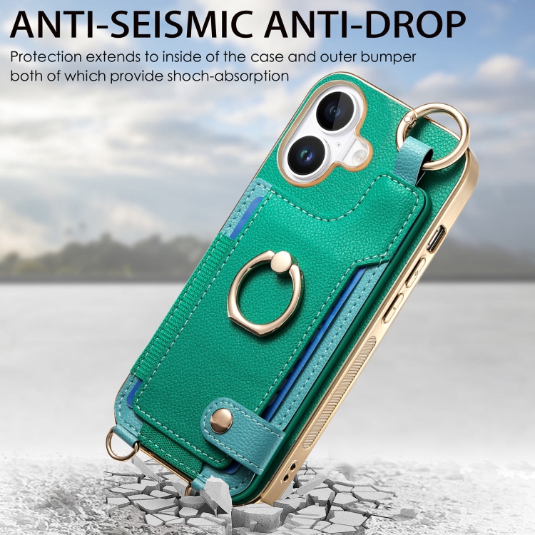 For iPhone 16 Plus Fashion Ring Card Bag Phone Case with Hang Loop(Green) For iPhone 16 Plus Fashion Ring Card Bag Phone Case with Hang Loop(Green)