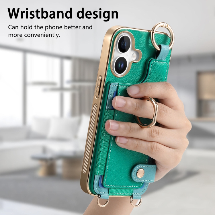 For iPhone 16 Plus Fashion Ring Card Bag Phone Case with Hang Loop(Green) For iPhone 16 Plus Fashion Ring Card Bag Phone Case with Hang Loop(Green)