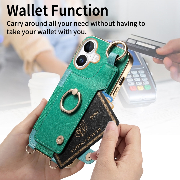 For iPhone 16 Plus Fashion Ring Card Bag Phone Case with Hang Loop(Green) For iPhone 16 Plus Fashion Ring Card Bag Phone Case with Hang Loop(Green)