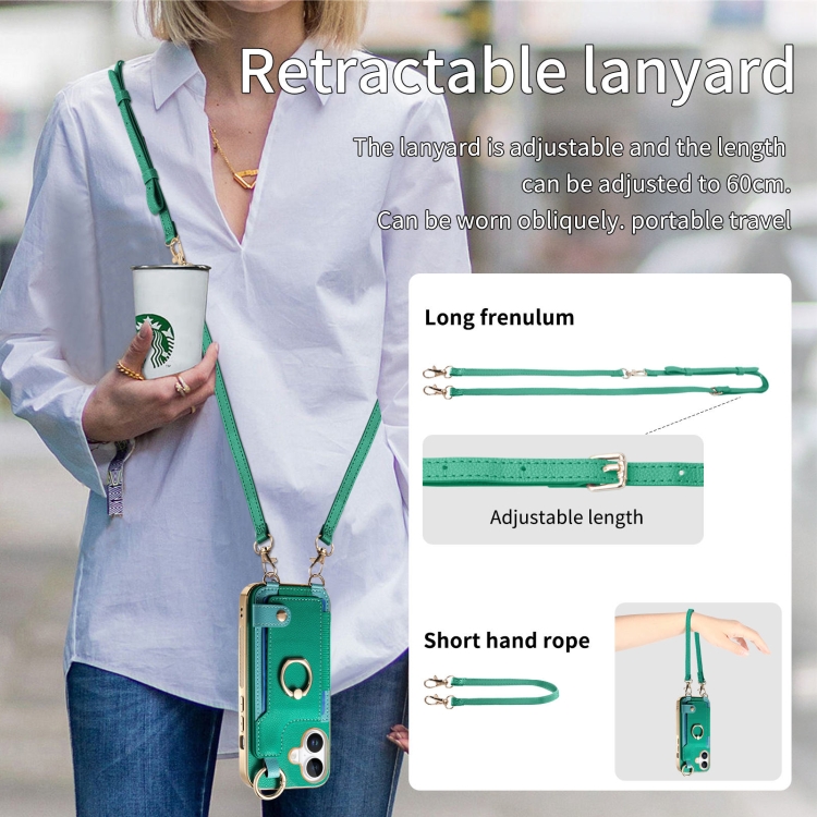 For iPhone 16 Plus Fashion Ring Card Bag Phone Case with Hang Loop(Green) For iPhone 16 Plus Fashion Ring Card Bag Phone Case with Hang Loop(Green)
