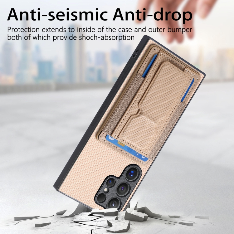 For Samsung Galaxy S24 Ultra 5G Carbon Fiber Fold Stand Elastic Card Bag Phone Case(Khaki)