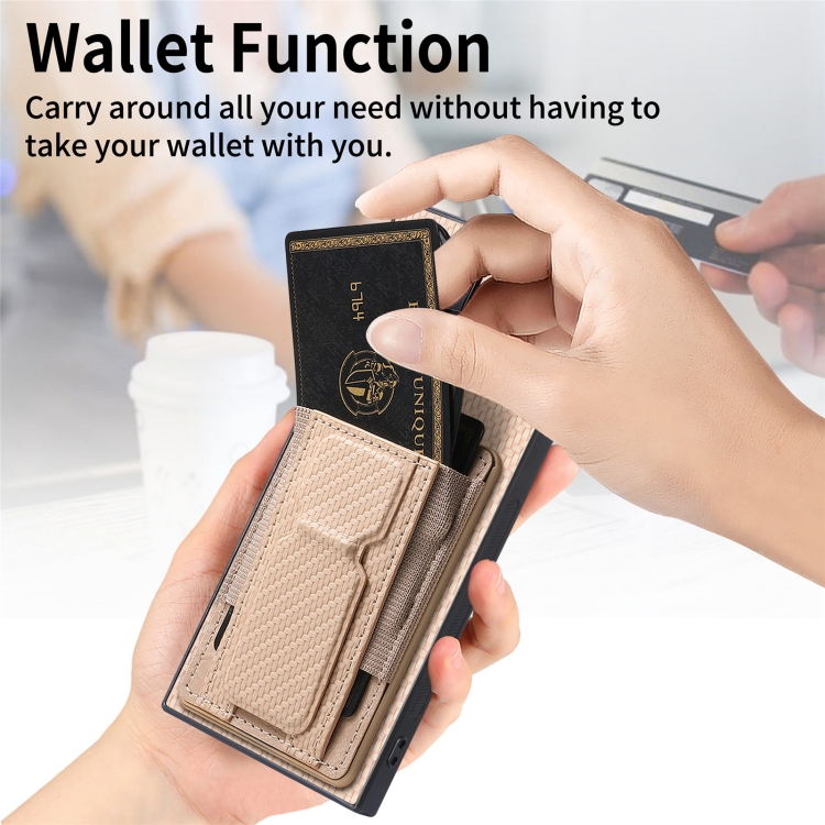 For Samsung Galaxy S24 Ultra 5G Carbon Fiber Fold Stand Elastic Card Bag Phone Case(Khaki)