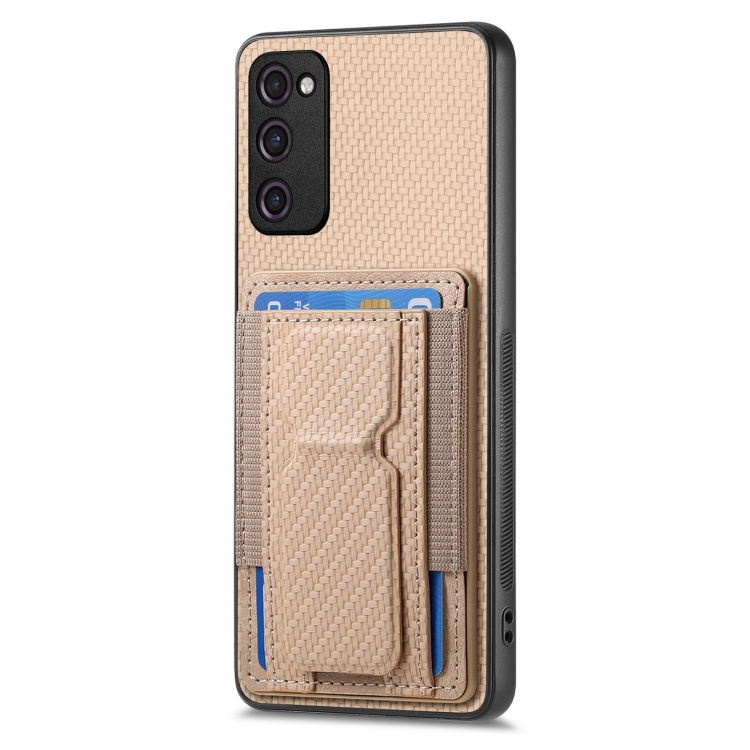 For Samsung Galaxy S23 FE 5G Carbon Fiber Fold Stand Elastic Card Bag Phone Case(Khaki)