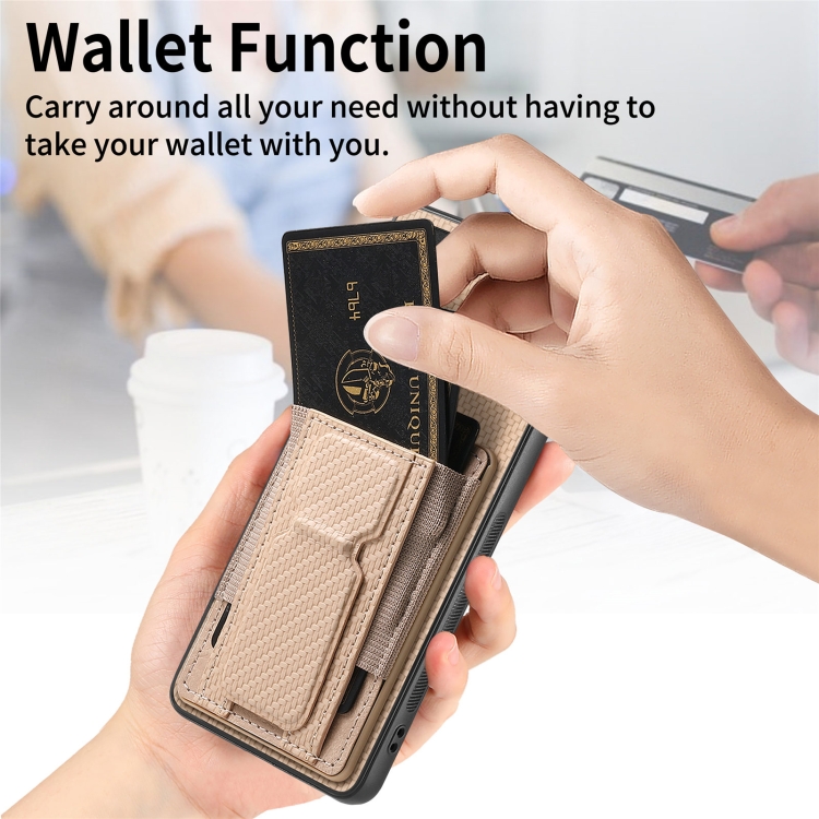 For Samsung Galaxy S23 FE 5G Carbon Fiber Fold Stand Elastic Card Bag Phone Case(Khaki)