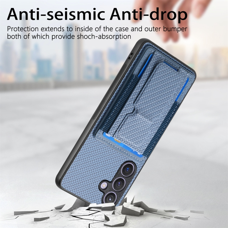 For Samsung Galaxy S22+ 5G Carbon Fiber Fold Stand Elastic Card Bag Phone Case(Blue) For Samsung Galaxy S22+ 5G Carbon Fiber Fold Stand Elastic Card Bag Phone Case(Blue)