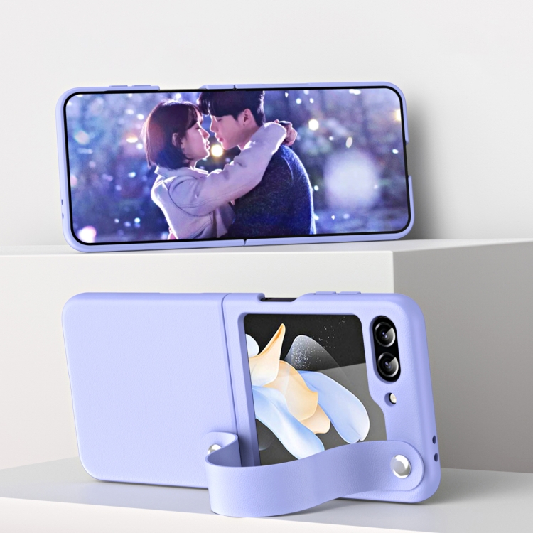 For Samsung Galaxy Z Flip6 5G Hand Strap Plain Leather Phone Case(Purple) For Samsung Galaxy Z Flip6 5G Hand Strap Plain Leather Phone Case(Purple)