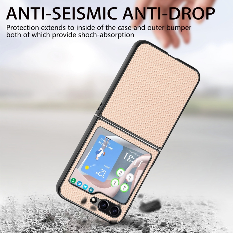 For Samsung Galaxy Z Flip6 5G Carbon Fiber Texture Shockproof Phone Case(Khaki) For Samsung Galaxy Z Flip6 5G Carbon Fiber Texture Shockproof Phone Case(Khaki)