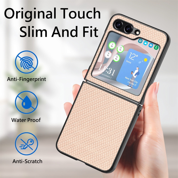 For Samsung Galaxy Z Flip6 5G Carbon Fiber Texture Shockproof Phone Case(Khaki) For Samsung Galaxy Z Flip6 5G Carbon Fiber Texture Shockproof Phone Case(Khaki)