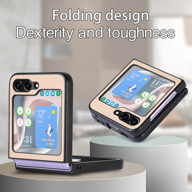 For Samsung Galaxy Z Flip6 5G Carbon Fiber Texture Shockproof Phone Case(Khaki) For Samsung Galaxy Z Flip6 5G Carbon Fiber Texture Shockproof Phone Case(Khaki)