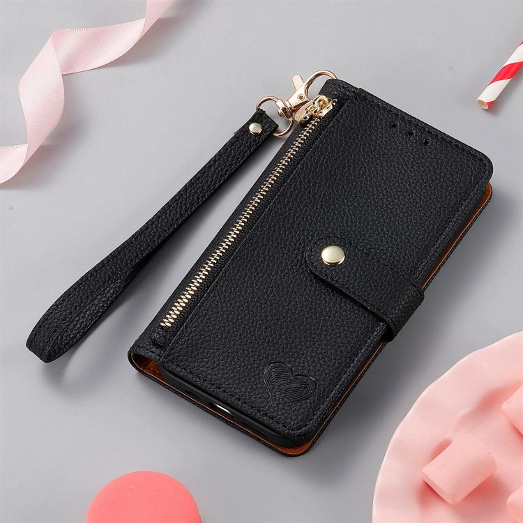 For Samsung Galaxy A57 5G Love Zipper Lanyard Leather Phone Case(Black)