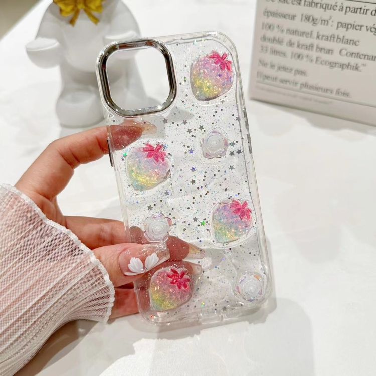 For iPhone 16 Plus 3D Flower Glitter Epoxy TPU Phone Case(Pink Strawberry) For iPhone 16 Plus 3D Flower Glitter Epoxy TPU Phone Case(Pink Strawberry)