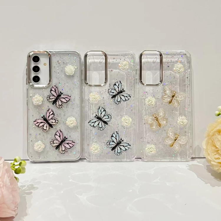 Funda de TPU con purpurina y mariposa tridimensional para Samsung Galaxy S24 5G (rosa) - B1