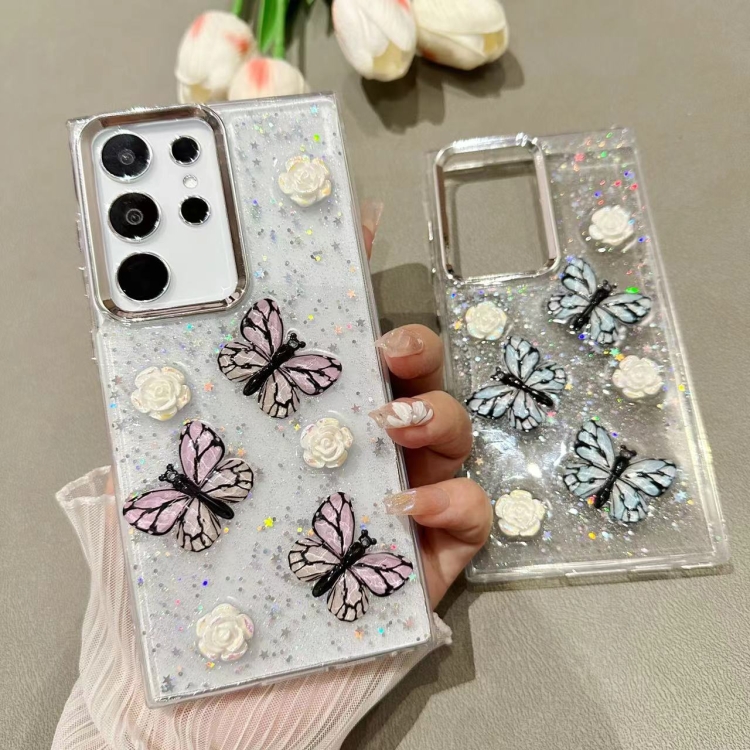 Funda de TPU con purpurina y mariposa tridimensional para Samsung Galaxy S24 5G (rosa) - B2