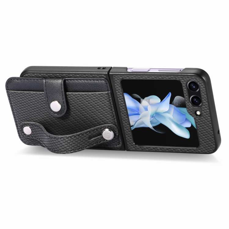 For Samsung Galaxy Z Flip6 Wristband Kickstand Card Wallet Back Cover Phone Case(Black) For Samsung Galaxy Z Flip6 Wristband Kickstand Card Wallet Back Cover Phone Case(Black)