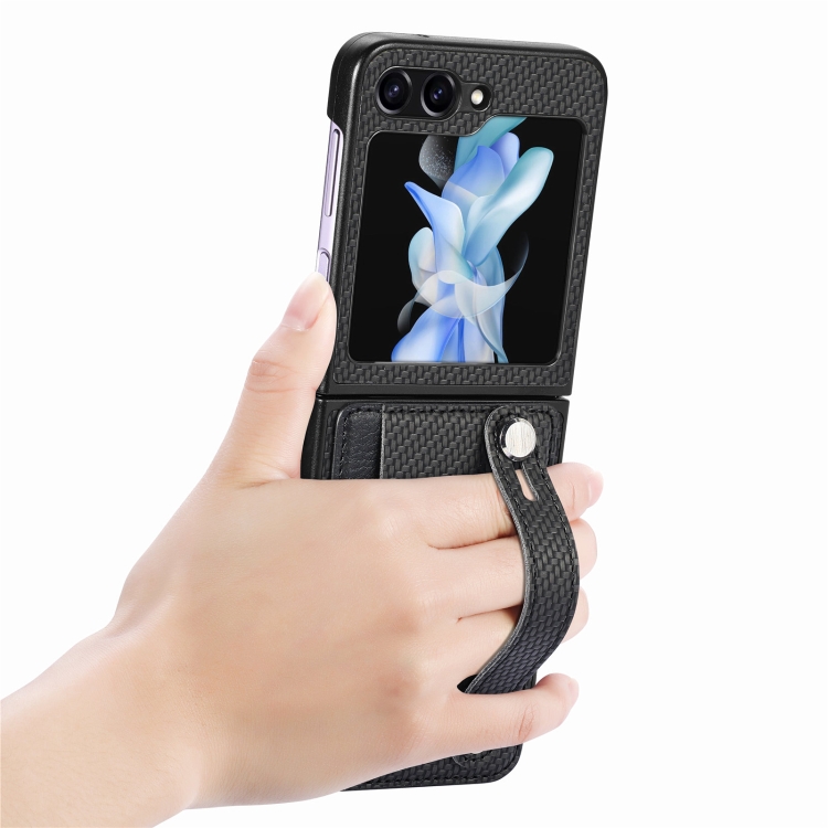 For Samsung Galaxy Z Flip6 Wristband Kickstand Card Wallet Back Cover Phone Case(Black) For Samsung Galaxy Z Flip6 Wristband Kickstand Card Wallet Back Cover Phone Case(Black)